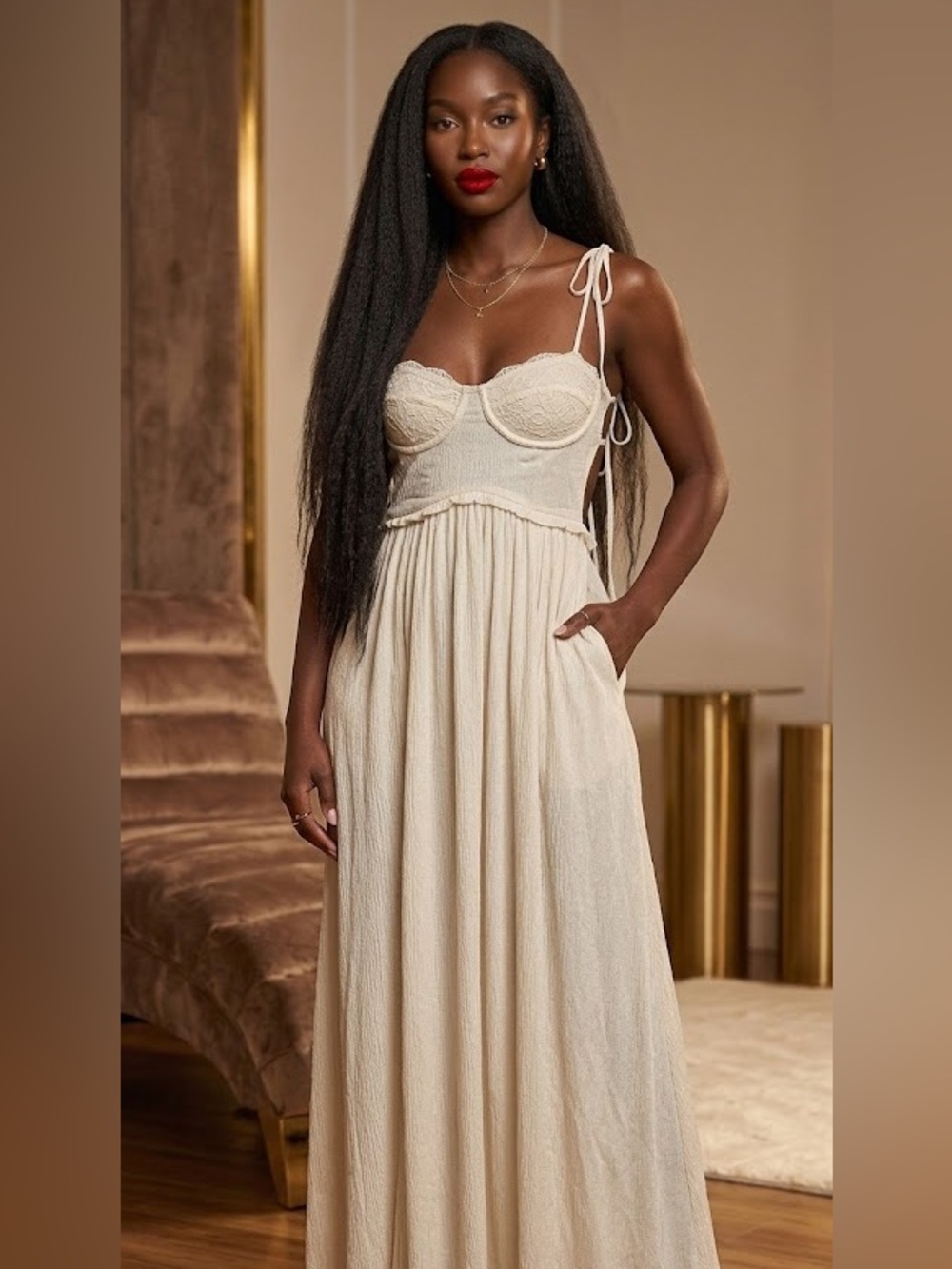 Zara Light Cream Maxi Dress with Tie Straps